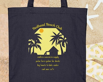 Funny Redhead Beach Club tote bag, recycled cotton canvas, summer surfer vibes with palm trees, ginger gift idea
