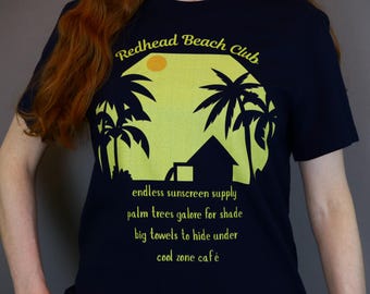 Funny Redhead Beach Club organic cotton women's T-shirt, summer surfer vibes with palm trees