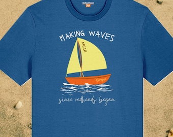 Ginger sailing boat organic cotton T-shirt, unisex, funny redhead sailboat top, nautical graphic shirt, boat owner, Father's Day gift idea