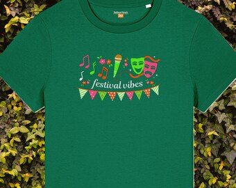 Festival Vibes organic cotton women's T-shirt, summer live music tee, theatre masks graphic top, carnival shirt, fringe performance art gift