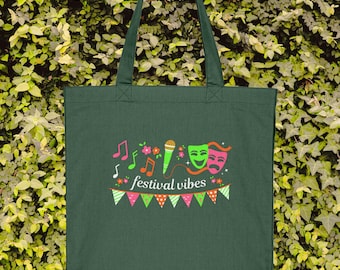 Festival Vibes tote bag, recycled cotton canvas, summer live music bag, theatre masks graphic, carnival arts, fringe performance gift