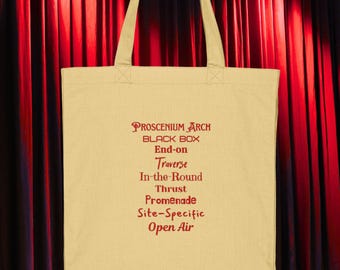 Theatre staging types tote bag, recycled cotton canvas, performing arts, stage manager, play director or thespian gift idea