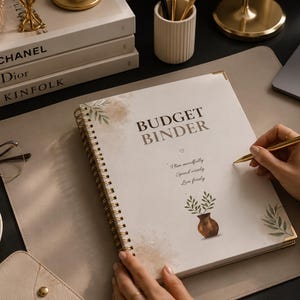 Könnte beinhalten: Ein spiralgebundener Budget-Ordner mit cremefarbenem Einband, der den Text BUDGET BINDER, eine kleine Illustration einer Vase mit Blättern sowie die Sätze Plan mindfully, Spend wisely, Live freely enthält und mit goldenen Metallecken versehen ist.