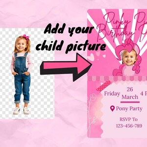 Biglietto d'invito per il compleanno di My Little Pony - Modificabile e personalizzabile, foto di Pinkie Pie sostituibile, download immediato