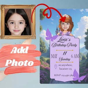 Puede incluir: Una invitación de cumpleaños con un retrato en un marco dorado, una ilustración de dibujos animados de una niña y el texto "Livia's Birthday Party" con detalles de fecha y hora. La invitación incluye mariposas y las palabras "Add Photo".