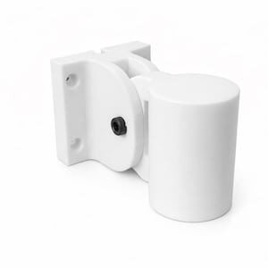 Op de afbeelding: Een witte kunststof beugel met een cilindrisch onderdeel en een montageplaat. De beugel heeft een zwarte schroef en twee montagegaten. Het ontwerp is eenvoudig en functioneel, geschikt voor diverse toepassingen.