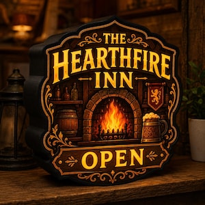 Op de afbeelding: Een decoratief bord met een zwarte rand en de tekst THE HEARTHFIRE INN en OPEN in het geel. Het midden toont een stenen open haard met fel oranje vuur, een houten vat, een bierpul met schuim en een banier met een leeuwenembleem.