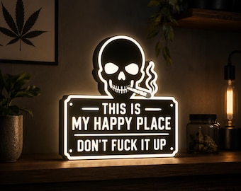 Skull Blunt Light Box – This Is My Happy Place LED Sign – Funny Stoner Room Decor – 3D Printed Smoking Skull Shelf Light