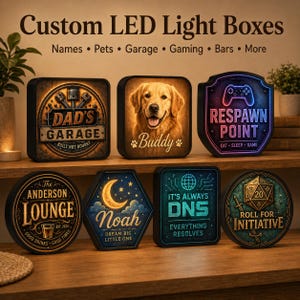 May include: Seven custom LED light boxes with various designs including a garage sign, a dog portrait with the name Buddy, a gaming sign reading Respawn Point, a lounge sign, a moon design for Noah, a DNS sign, and a D20 die roll for initiative.