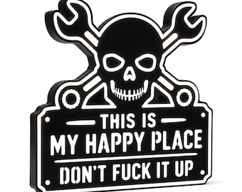 Skull Wrench Garage Light Box – “Happy Place” LED Workshop Decor, Mechanic Sign
