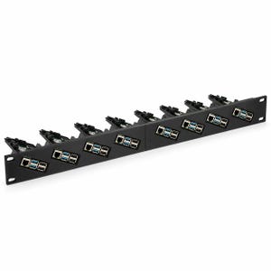 May include: A black rack-mount device with multiple ports and connectors. The device has a series of rectangular openings with blue and white port indicators. The overall design is sleek and modern, suitable for data centers or server rooms.