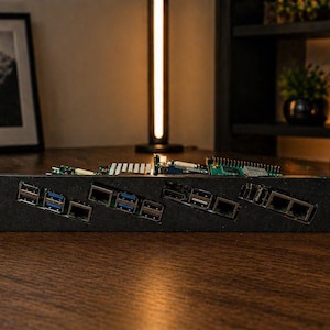 May include: A black server rack with multiple ports and circuit boards. The rack has a series of rectangular and angled openings for ports, with blue and black connectors visible. The image is taken indoors, with a dark wooden table.