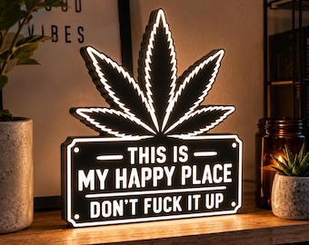 Cannabis Leaf Light Box – This Is My Happy Place LED Sign – 3D Printed Weed Decor – Funny Stoner Room Light – Novelty Desk or Shelf Sign