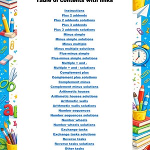 Puede incluir: Ilustración educativa con un borde azul que presenta útiles escolares y una tabla de contenidos para lecciones de matemáticas. Incluye una manzana roja, lápices, tijeras y el texto "Tabla de contenidos con enlaces."