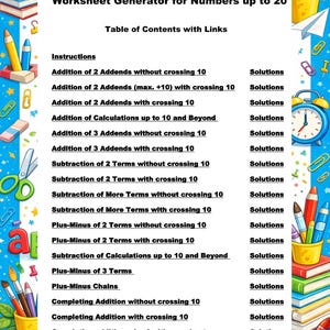 Puede incluir: Un generador de hojas de cálculo colorido para números hasta 20, con una tabla de contenido. La imagen incluye útiles escolares, una manzana y un autobús escolar. El texto trata sobre suma, resta y otros conceptos matemáticos.