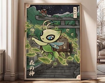 Celebi Pokemon Poster, Japanese Ukiyo-E Style Art, Celebi Woodblock Print, Forest God Wall Decor, Gift for Pokemon Fans, Anime Home Decor