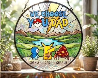 Spersonalizowany prezent dla taty: łapacz słońca Pokemon, prezent dla taty „Wybieramy Cię”, spersonalizowany witraż, prezent na Dzień Ojca 2026, prezent dla taty gracza