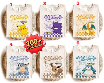 Koszulka z nadrukiem Pokemon Checkered Comfort Colors, retro koszulka Pikachu Gengar Eevee, koszulka z grafiką anime z lat 90., koszulka z postaciami Pokemon