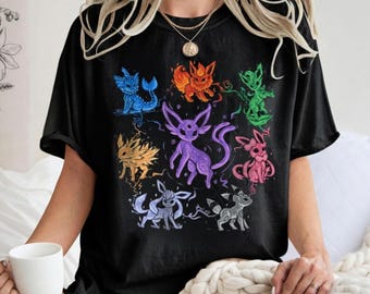 Koszulka Pokemon Eeveelutions Comfort Colors, koszulka Jolteon Vaporeon Flareon, prezent dla fanki anime dla niej, koszulka Gamer Girl, top Eevee Evolution