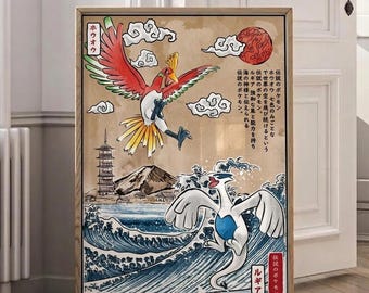 Póster Ukiyo-e de Ho-Oh y Lugia, Arte mural de Pokémon, Lámina de la Gran Ola de Kanagawa, Lienzo de Dragón Ave Mítica, Regalo Otaku, Decoración para Habitación de Jugador
