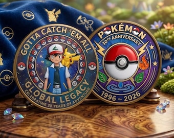 Moneta Pokémon Ash Ketchum, Medalion z okazji 30. rocznicy, Moneta wyzwania Pikachu, Gotta Catch Em All, Global Legacy, Prezent dla fana Pokémon