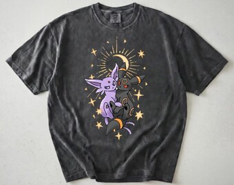 Espeon Umbreon Eeveelution Comfort Colors Shirt, Celestial Eeveelution Tee, Retro Pokemon Graphic Shirt, Aesthetic Moon and Stars Top