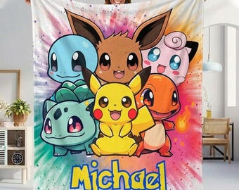 Spersonalizowany koc Pokemon, spersonalizowany kocyk dla dziecka w stylu Pokemon, prezent urodzinowy dla dzieci, kolorowa pościel z motywem kreskówek, przytulne motywy anime