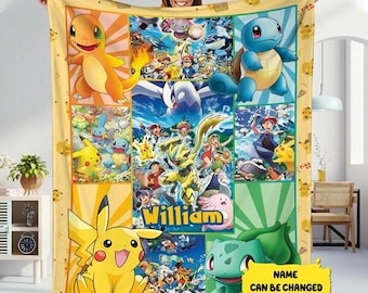 Spersonalizowany koc polarowy Pokemon, spersonalizowany koc z imieniem Pokemon, pościel dla dzieci z postaciami Pokemon, wystrój pokoju Pokemon, prezent urodzinowy dla chłopców