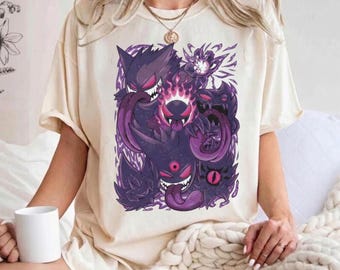 Camiseta Comfort Colors Gengar Pokémon, camiseta de anime tipo fantasma Gastly Haunter, top estético extragrande, regalo para amantes de Pokémon, ropa para chicas gamers.