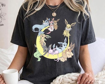 Koszulka Eevee Evolution Comfort Colors, uroczy T-shirt Eeveelutions Moon, koszulka vintage z motywem anime, duży, estetyczny prezent dla gracza, urocze prezenty Pokemon