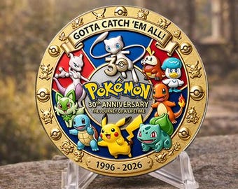 Moneta pamiątkowa z okazji 30. rocznicy Pokemon, medalion 1996-2026, prezent z Gotta Catch 'em All, pamiątka z gier wideo, kolekcjonerskie pudełko wystawowe