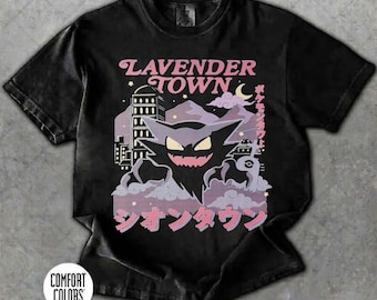 Koszulka Comfort Colors Lavender Town Pokemon, koszulka vintage z anime Gengar, koszulka Ghost Pokemon, koszula pasująca do rodziny, sprana koszulka, urodzinowa dziewczynka