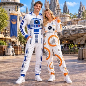 May include: Two white hooded jumpsuits featuring Star Wars droid graphics. One jumpsuit displays blue and silver R2-D2 mechanical details, while the other features orange, white, and silver BB-8 circular patterns. Both garments have front zippers.