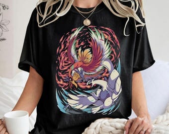 Camiseta Comfort Colors de Lugia vs Ho-Oh, camiseta de aves legendarias, top de estilo urbano de anime, camiseta gráfica Comfort Colors, regalo retro para gamers, regalo para fans.