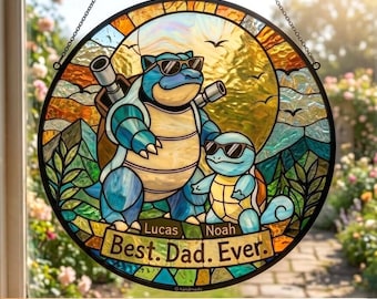 Spersonalizowany łapacz słońca z Blastoise i Squirtle, Sztuka Pokemon, Najlepszy tata na świecie, Dekoracja, Spersonalizowany prezent na Dzień Ojca 2026, Zawieszka na okno z wentylatorem Pokemon
