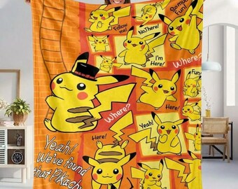 Cute Pikachu Fleece Blanket, Detective Pikachu Throw, Gift for Kids, Anime Bedding for Bedroom, Yellow Plush Fleece Blanket, Cute Room Decor