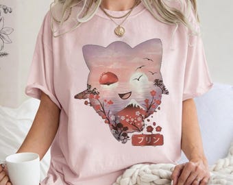 Camiseta japonesa de Jigglypuff de Pokémon, top con estampado del Monte Fuji de Purin, regalo para ella, camiseta retro de videojuegos, top de colores cómodos, camiseta retro de Pokémon
