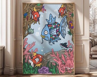 Magikarp Rainbow Fish Poster, Magikarp Wall Decor, Anime Underwater Poster, Gamer Room Decor, Colorful Nursery Art, Gift for Pokemon Fan