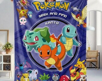 Pokemon Kanto Fleece Blanket, Seek and Find Game Throw, Pikachu and Friends Bedding, Soft Plush Fleece, Gift for Pokemon Fan, Gamer Decor