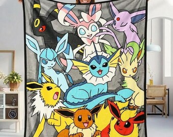 Eeveelutions Pokemon Fleece Blanket, All Eevee Evolutions Fleece, Anime Character Bedding, Cute Video Game Decor, Soft Throw, Gift for Kids