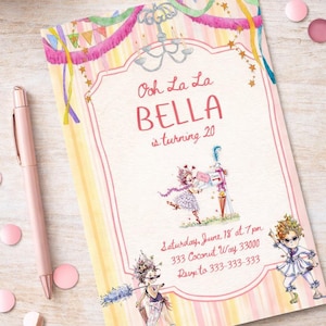 Peut inclure: Invitation rose et jaune avec le texte "Ooh La La BELLA a 20 ans". L'invitation présente des illustrations de personnages fantaisistes et des éléments décoratifs. Un stylo rose et des confettis sont sur la surface en bois.