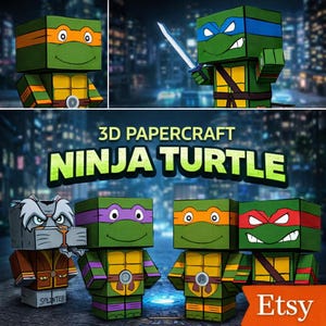 Puede incluir: Un collage de figuras de Ninja Turtles de papel 3D. Las figuras son verdes con máscaras y cinturones de colores. El texto "3D Papercraft Ninja Turtle" se muestra en verde y amarillo. El logotipo de Etsy está en la esquina inferior derecha.
