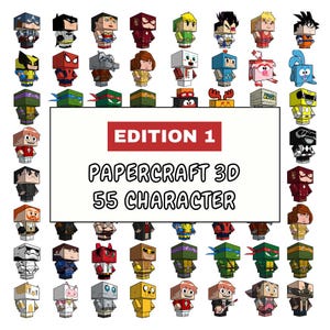 May include: A collection of 3D papercraft character models. The image features a variety of colorful, blocky figures, including superheroes and cartoon characters. The text in the image reads "EDITION 1 PAPER CRAFT 3D 55 CHARACTER".