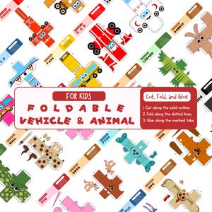 May include: A white background displays colourful, foldable paper vehicles and animals. The text "FOR KIDS FOLDABLE VEHICLE & ANIMAL" is in a red banner. Instructions to cut, fold, and glue are also included.