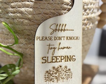 Laser Engraved Wooden Door Hanger | Tiny Human Sleeping Sign