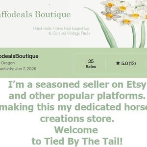Pode incluir: O banner da loja Etsy Daffodeals Boutique apresenta um fundo branco com uma ilustração em aquarela de narcisos brancos com centros amarelos. O texto diz Daffodeals Boutique, Handmade Horse Hair Keepsakes & Curated Vintage Finds.