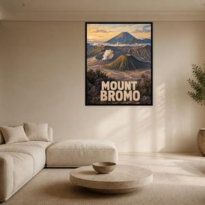 Mount Bromo Travel Poster Framed Canvas, Java Volcano Art