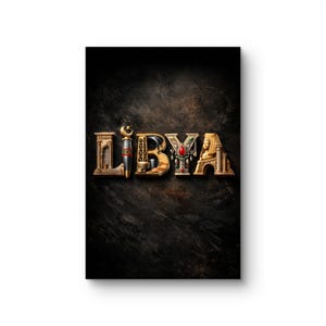 May include: The word LIBYA rendered in gold 3D lettering against a dark textured background. The L is an archway, the I is a pillar with a crescent, the B features an oil derrick, the Y is adorned with a red gemstone, and the A is a sphinx.