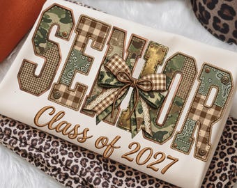 Camo Patchwork Senior 2027 PNG | Retro Graduation Bow Design (Digital Download)