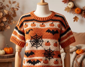 Halloween Crochet Sweater Pattern PDF | Pumpkin Ghost Bat Pullover | Spooky Fall Crochet Pattern | Beginner S-XL